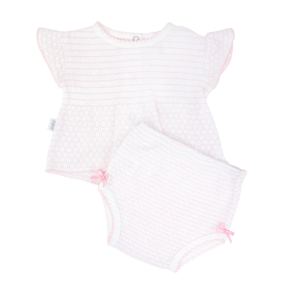 Paty Knit Flutter Sleeve Diaper Set with Bows in Pink Pinstripe