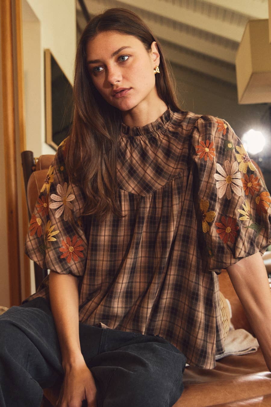 Plaid Puff Sleeve Blouse