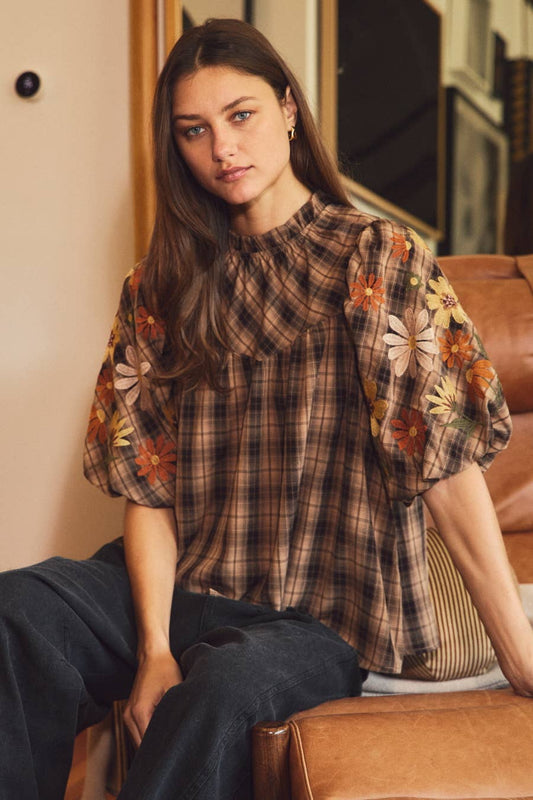 Plaid Puff Sleeve Blouse