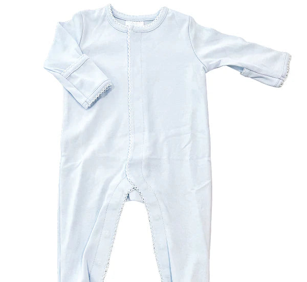 Picot Trimmed Footie- Light Blue W/White Trim