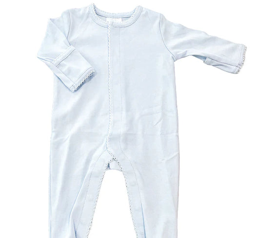 Picot Trimmed Footie- Light Blue W/White Trim