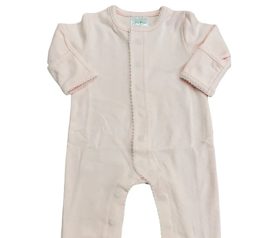 Picot Trimmed Footie- Pink W/White Trim