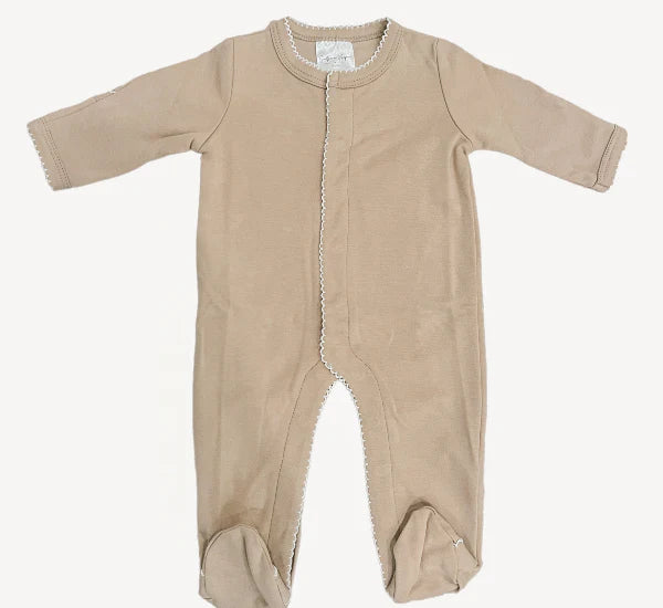 Picot Trimmed Footie- Tan W/Tan Trim