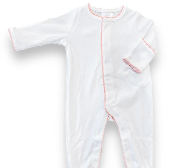 Picot Trimmed Footie- White W/Pink Trim
