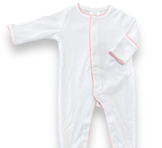 Picot Trimmed Footie- White W/Pink Trim