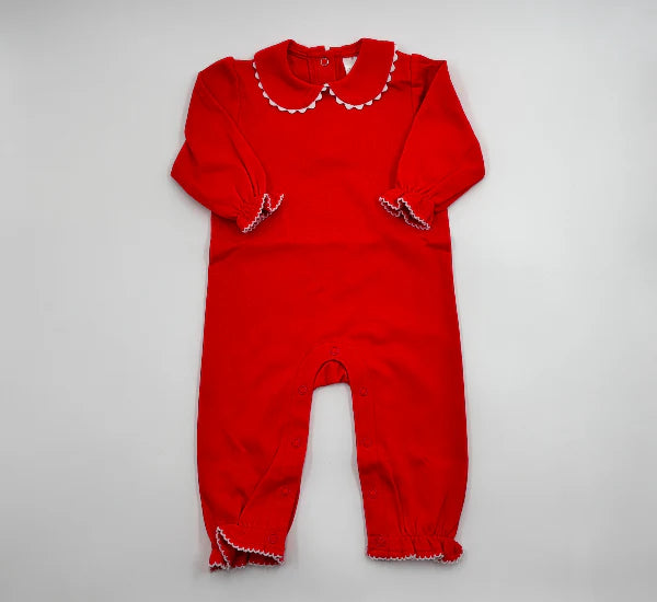 Long Sleeved Scalloped Romper- Red