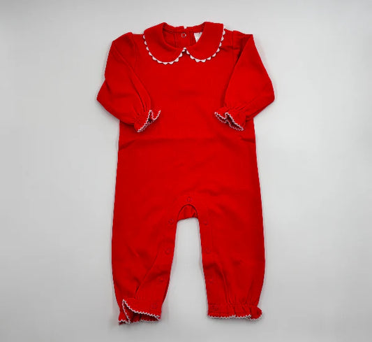 Long Sleeved Scalloped Romper- Red