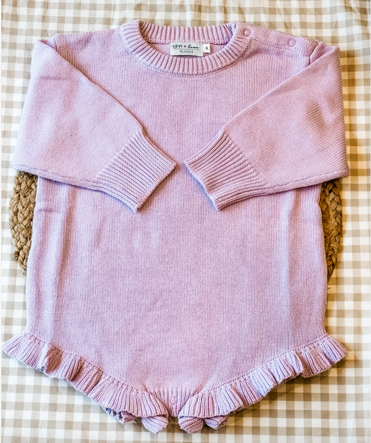 Long Sleeve Knit Ruffle Romper- Lavender