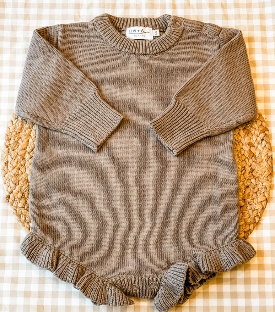 Long Sleeve Knit Ruffle Romper- Mushroom