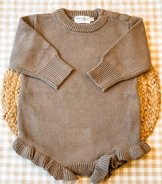 Long Sleeve Knit Ruffle Romper- Mushroom