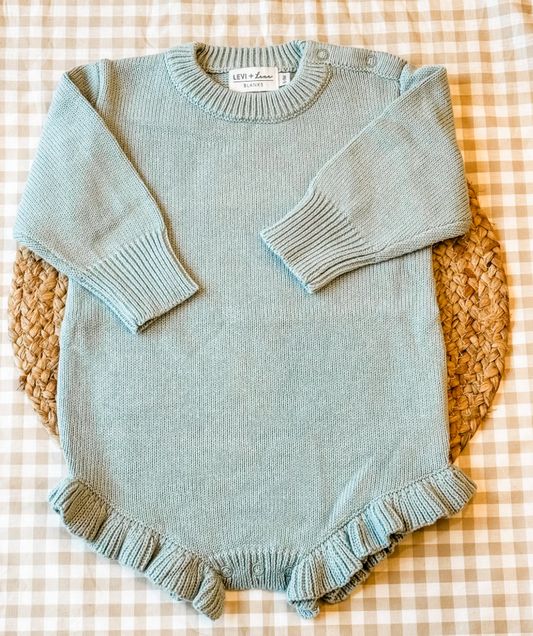 Long Sleeve Knit Ruffle Romper- Light Blue