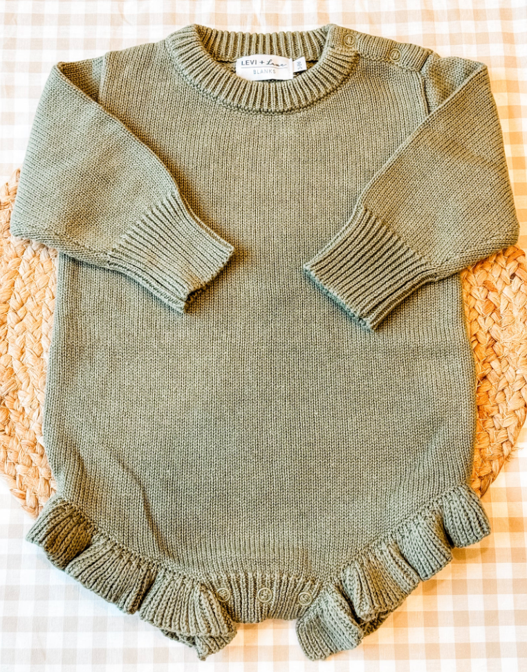Long Sleeve Knit Ruffle Romper- Green