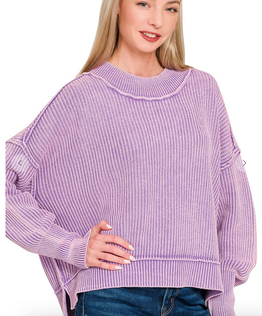 Washed Side Slit Oversized Cropped Sweater