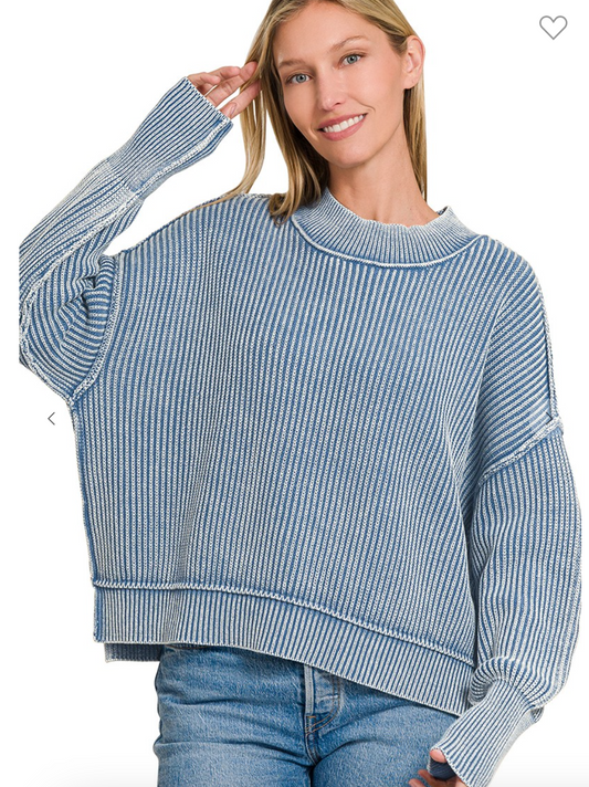 Washed Side Slit Oversized Cropped Sweater