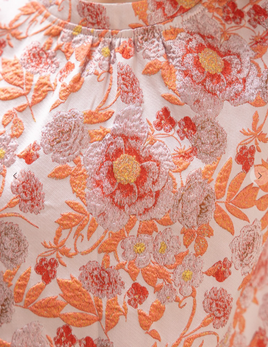 Ostritch Feather Frindge Trim Floral Jacquard Top