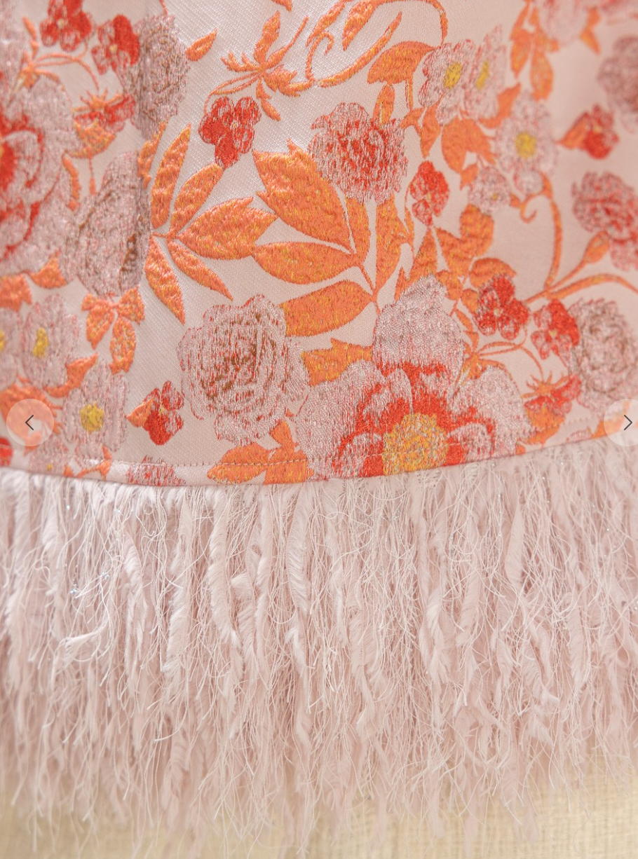 Ostritch Feather Frindge Trim Floral Jacquard Top