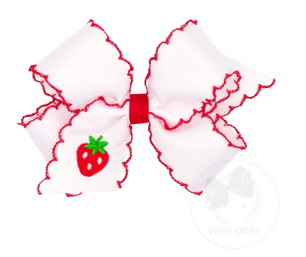 Medium Strawberry Embroidered Moonstitch Edge Hair Bow