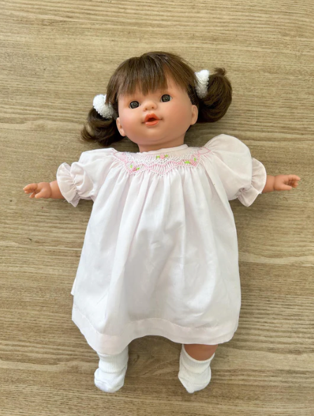 ROSALINA PINK DRESS 15" SARAH BRUNETTE DOLL (BROWN EYE DOLL, DRESS, AND EMBROIDERY)