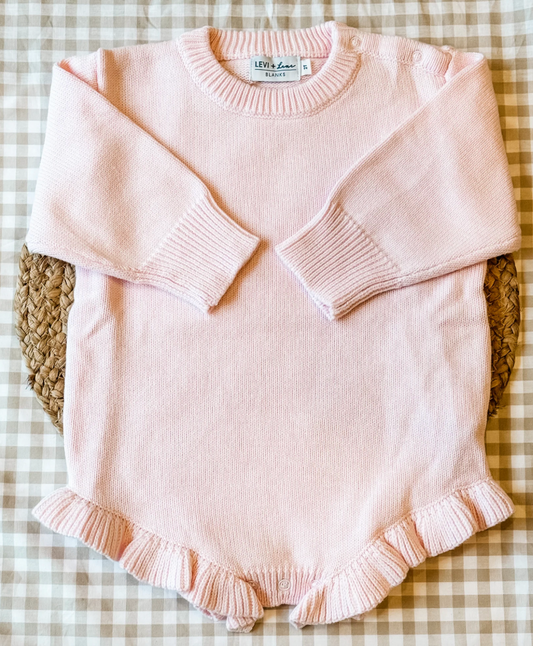 Long Sleeve Knit Ruffle Romper- Light Pink