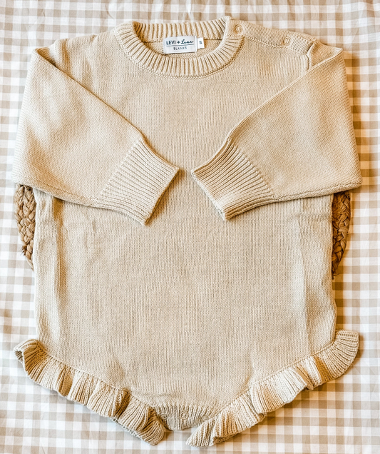 Long Sleeve Knit Ruffle Romper- Ivory