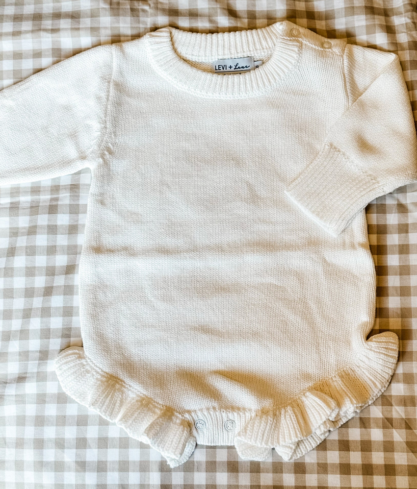 Long Sleeve Knit Ruffle Romper- White