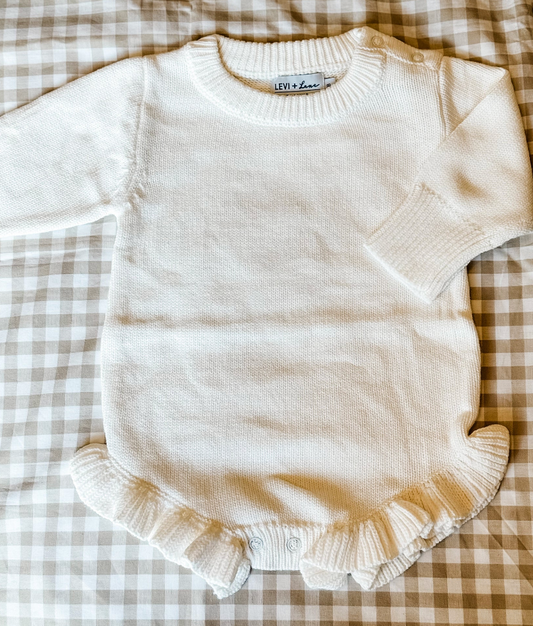 Long Sleeve Knit Ruffle Romper- White
