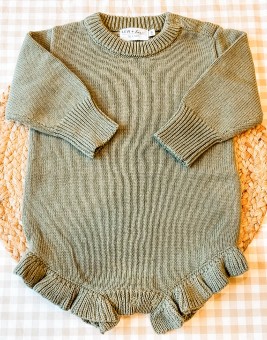 Long Sleeve Knit Ruffle Romper- Green