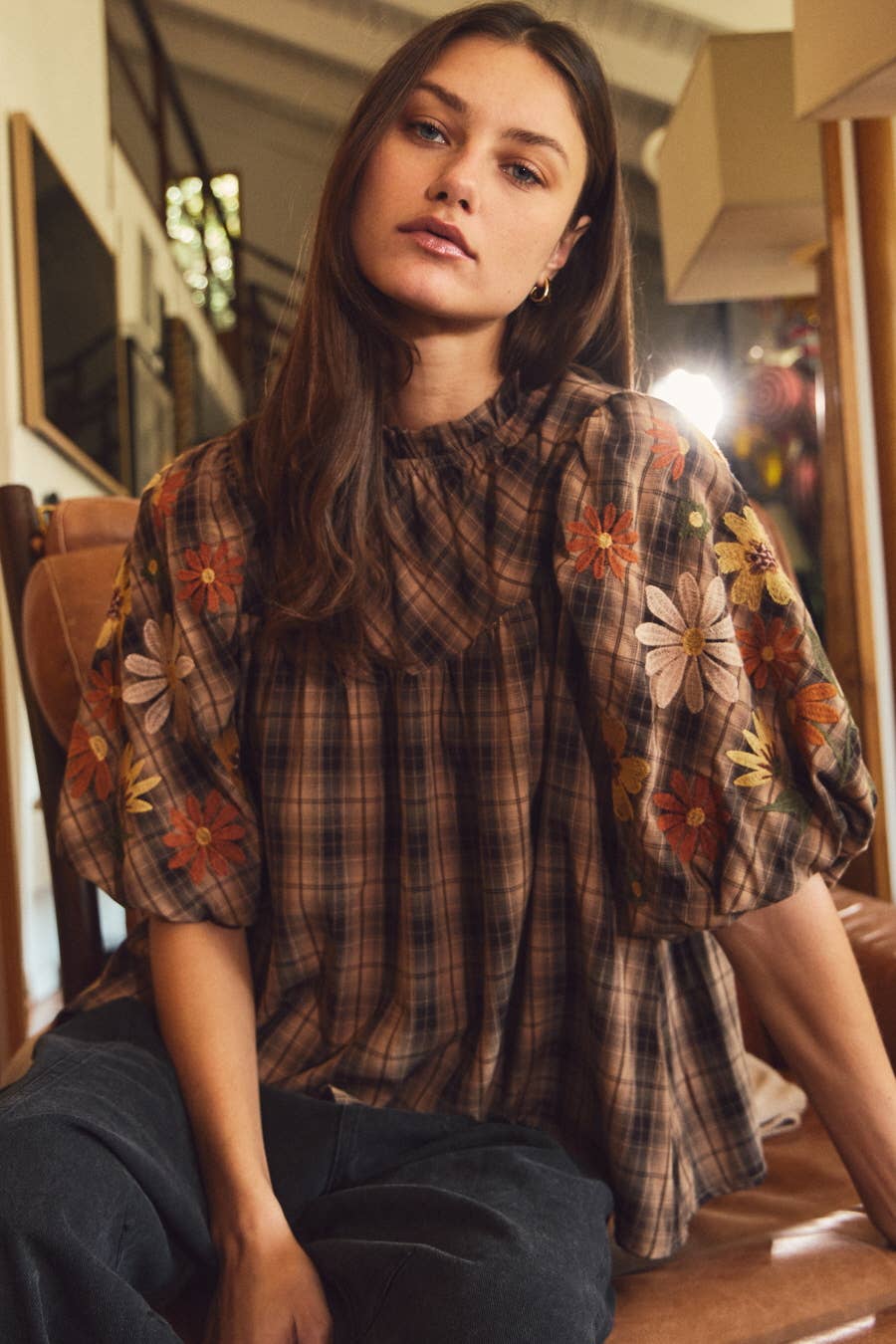 Plaid Puff Sleeve Blouse