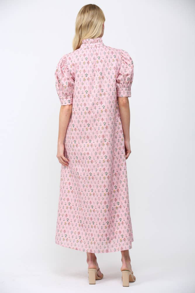 FLORAL HIGH RUFFLED MOCK NECK BUTTON DOWN MAXI DRESS FD32356