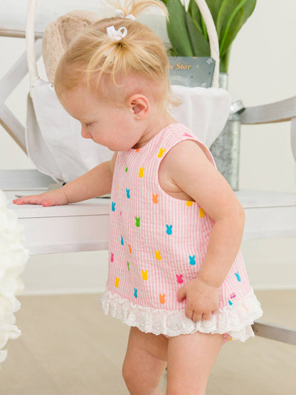 Baby Girls Pink Bunny Stripe Cotton Gauze Swing Top & Bloomer Set
