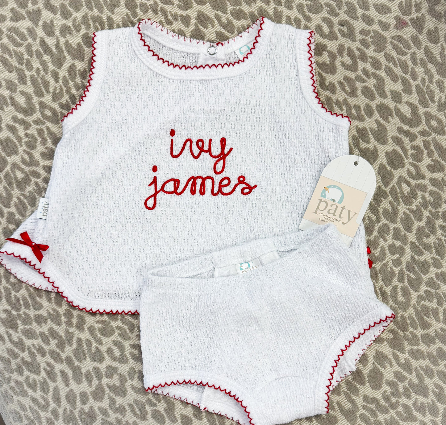 Paty Knit, 2PC Sleeveless Diaper Set White w/Red Trim