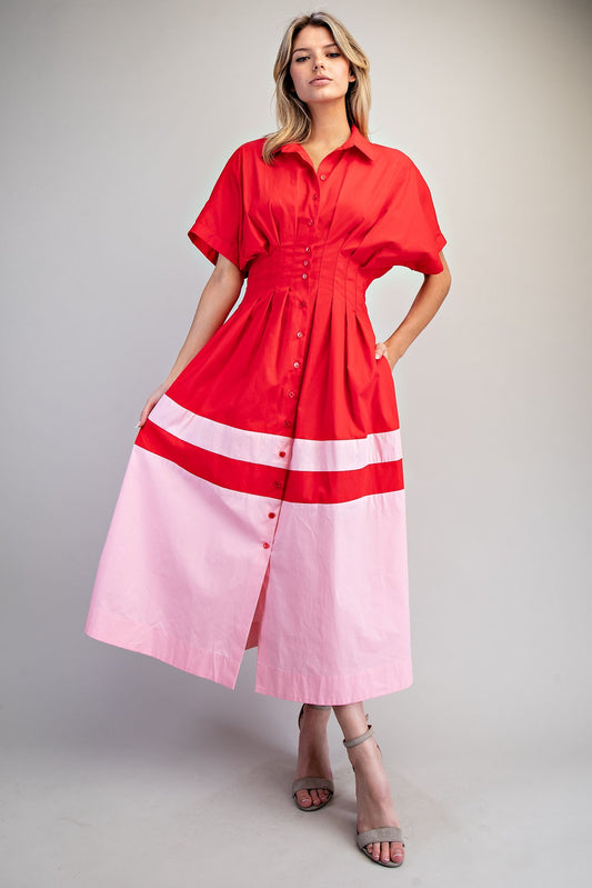 Color Block Button Down Pleated Midi Dress