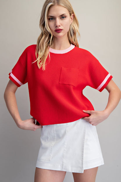 Contrast Knit Short Sleeve Top
