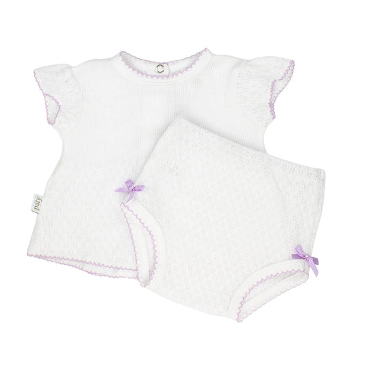 Paty Knit Flutter Sleeve Diaper Set with Bows w/Lavender Trim