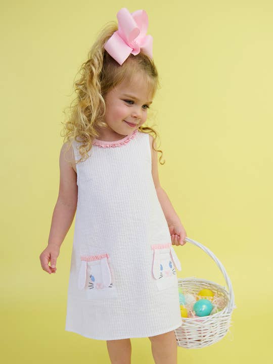Girls Pink Bunny Ears Seersucker Ruffle Pocket Dress