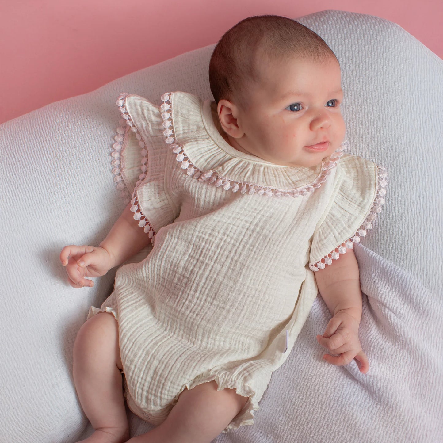 Paty Organic Cotton Muslin Baby Girl Bubble with Pom Trim
