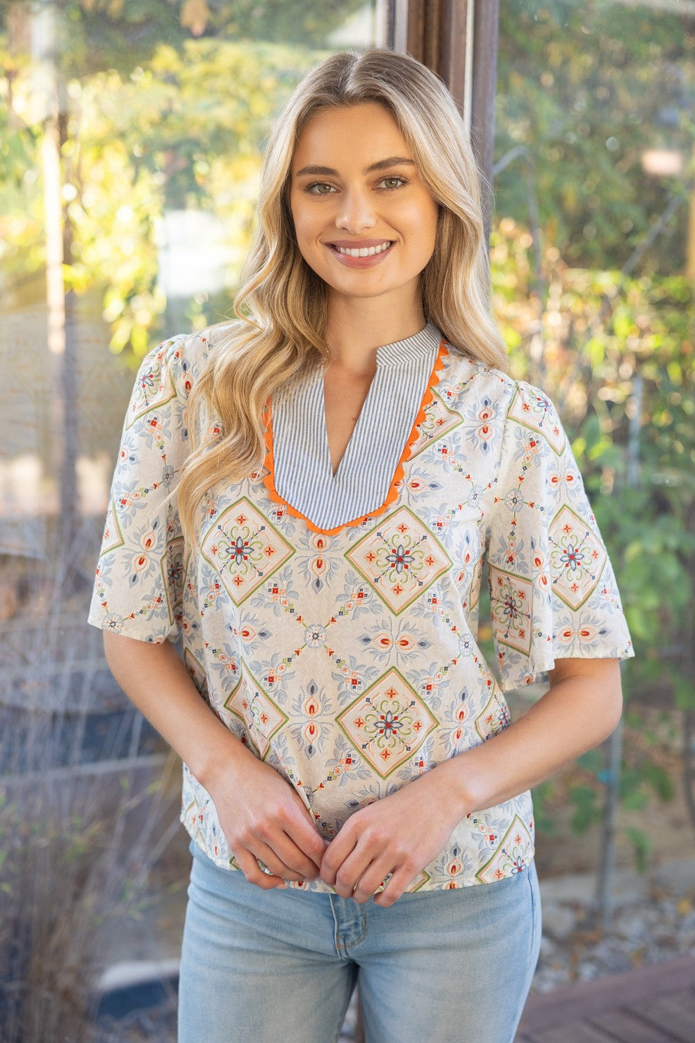 Wave Trim Striped Yoke Embroidery And Printed Top