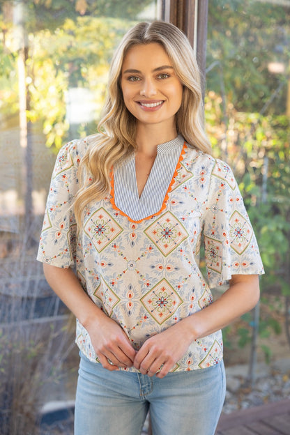 Wave Trim Striped Yoke Embroidery And Printed Top