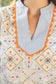 Wave Trim Striped Yoke Embroidery And Printed Top