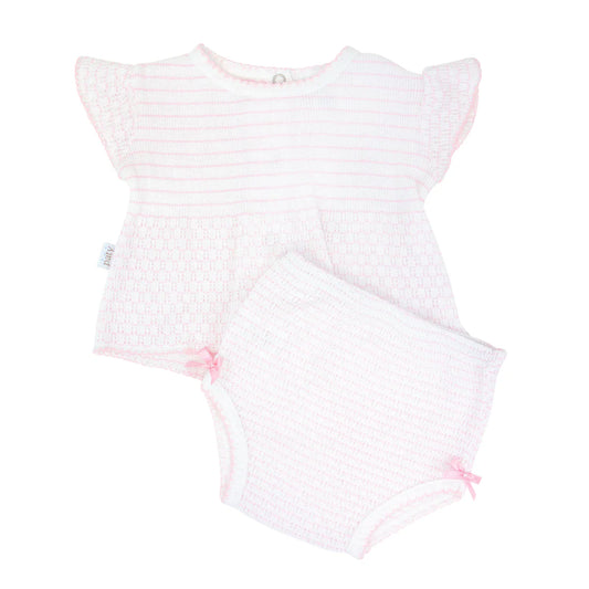 Paty Knit Flutter Sleeve Diaper Set with Bows in Pink Pinstripe