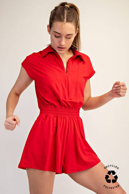 RED SHORT SLEEVE QUARTER ZIP ROMPER