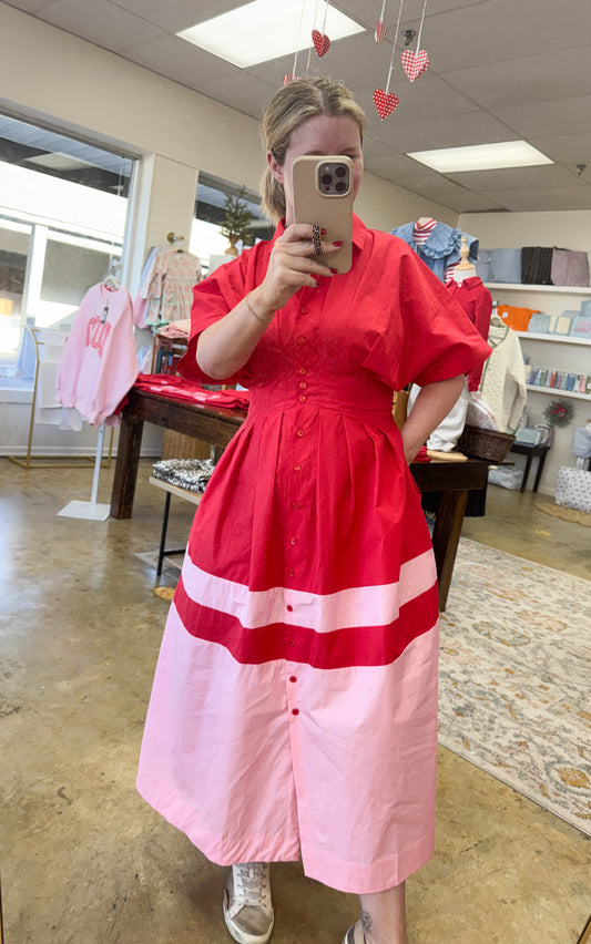 Color Block Button Down Pleated Midi Dress