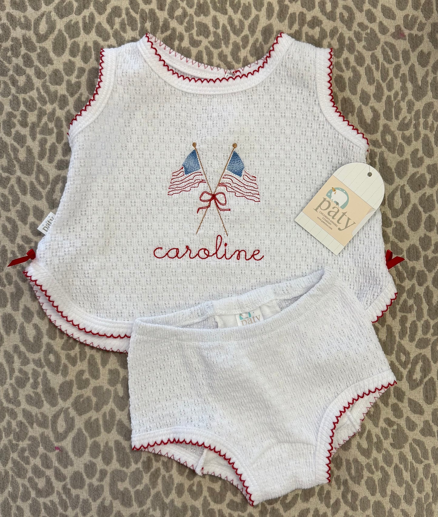 Paty Knit, 2PC Sleeveless Diaper Set White w/Red Trim