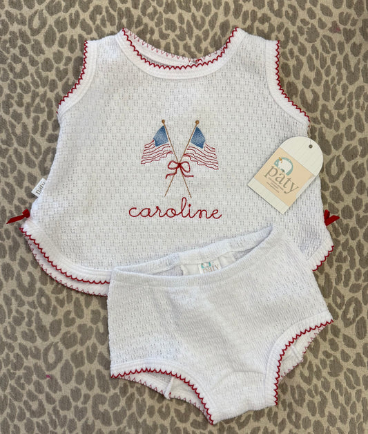 Paty Knit, 2PC Sleeveless Diaper Set White w/Red Trim