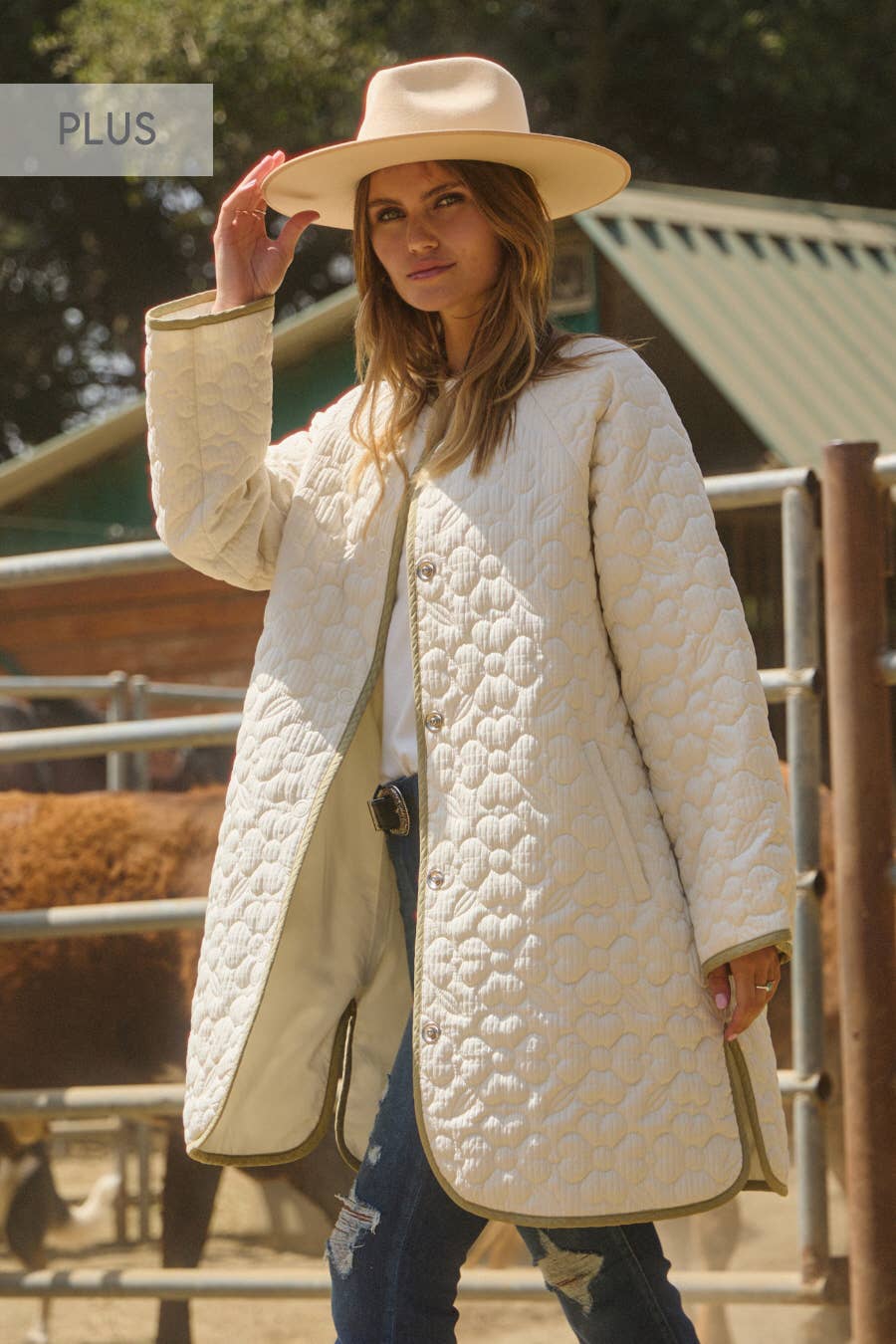 Plus Floral Quilted Midi Long Sleeve Jacket