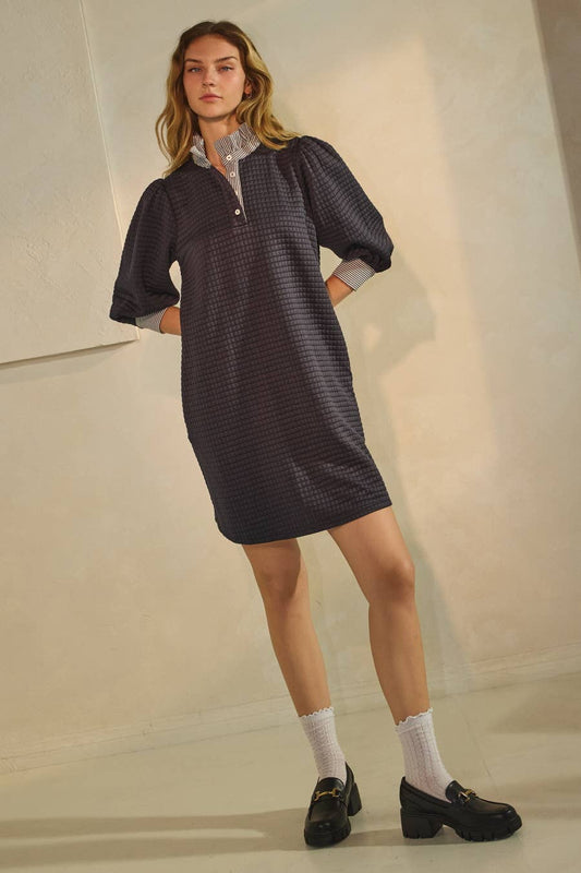 Quilted Shift Dress- Navy