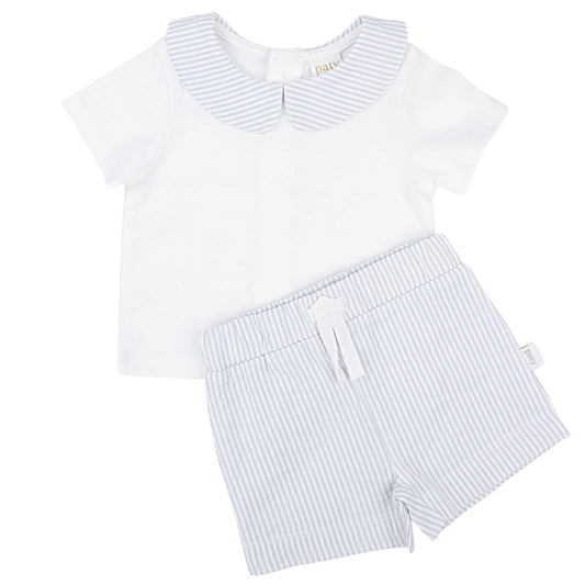 Paty Organic Cotton Baby Boy Set with Peter Pan Collar Shirt and Stripe Shorts