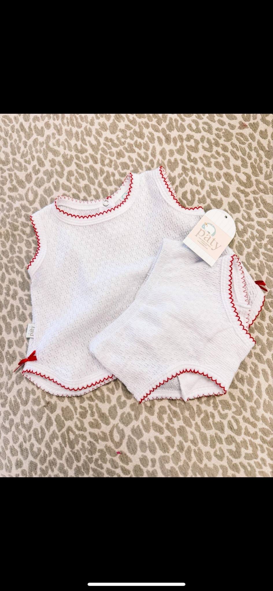 Paty Knit, 2PC Sleeveless Diaper Set White w/Red Trim