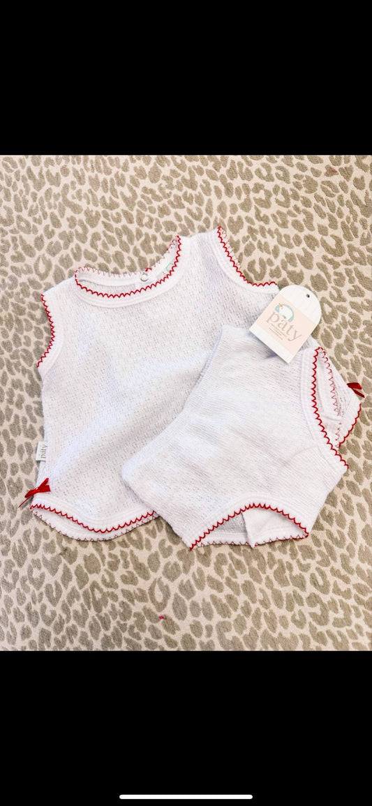 Paty Knit, 2PC Sleeveless Diaper Set White w/Red Trim
