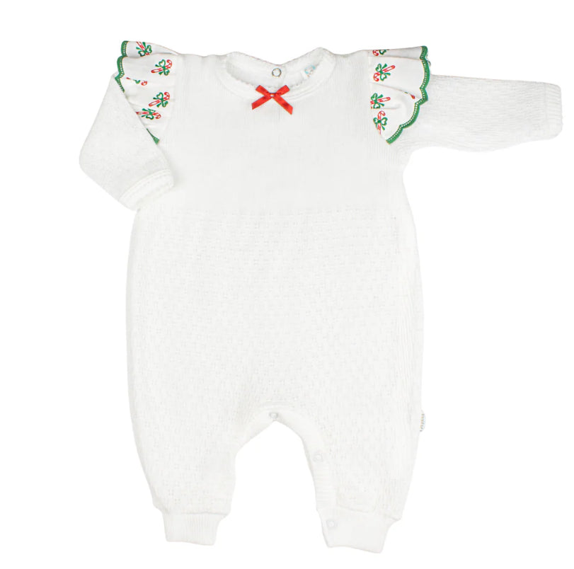 Paty Knit Angel Sleeve Romper with Swiss Candy Cane Trim